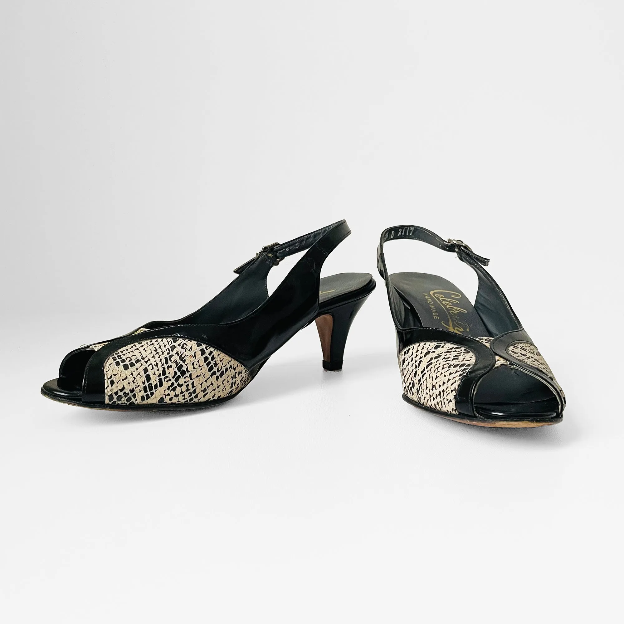1960s Black Celebrity Patent-Leather Slingback Peep-Toe Heels - Sz. 6.5D