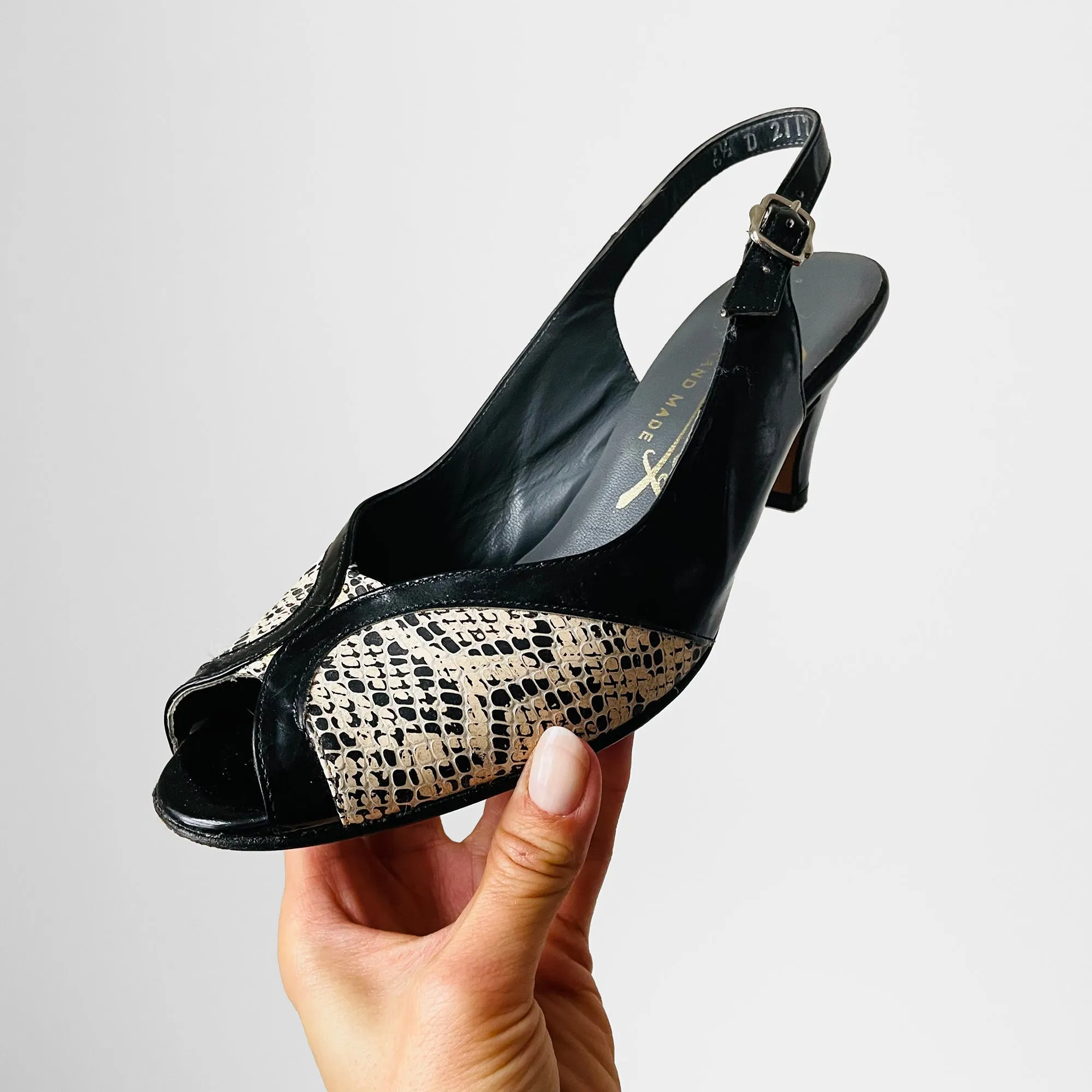 1960s Black Celebrity Patent-Leather Slingback Peep-Toe Heels - Sz. 6.5D