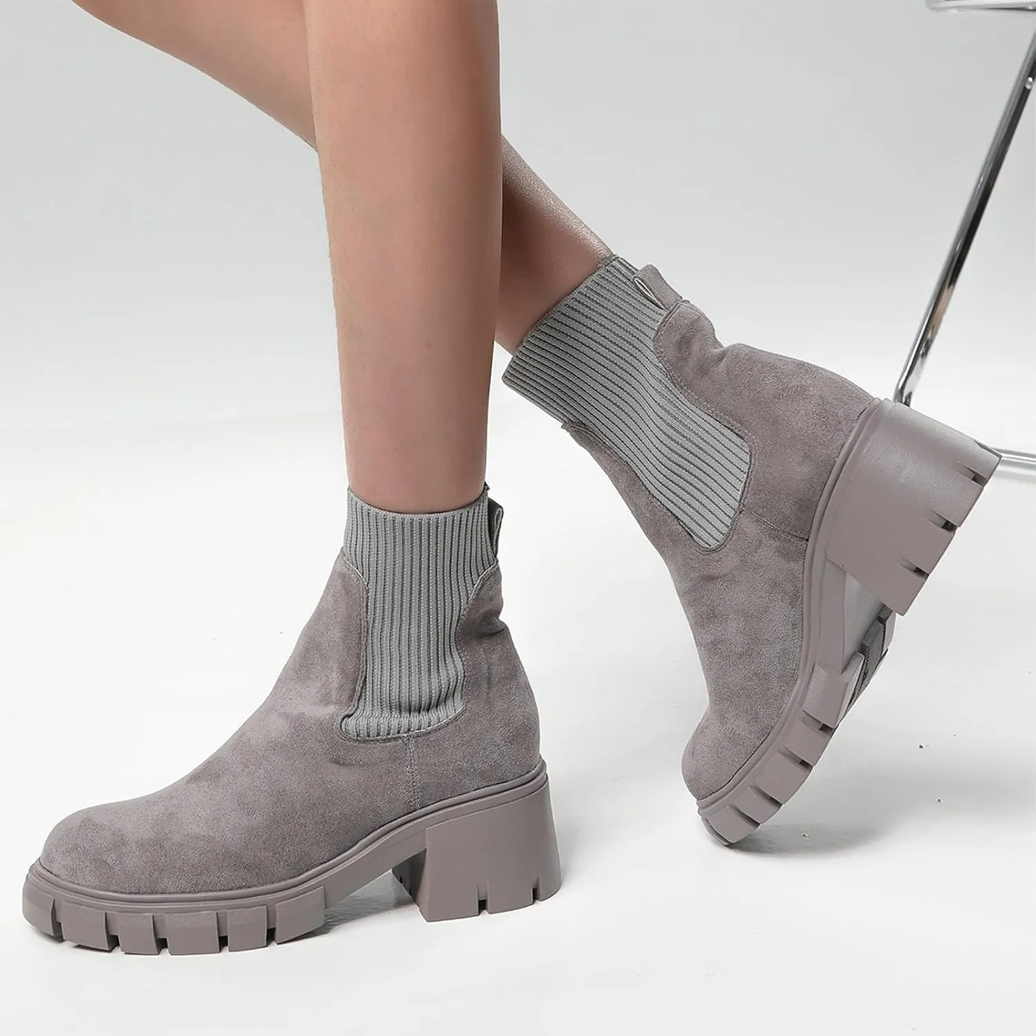Ankle Boots for Women, Women's Fashion Platform Elastic Chunky Block Heel Chelsea Boots Lug Sole Non-Slip Combat Shoes
