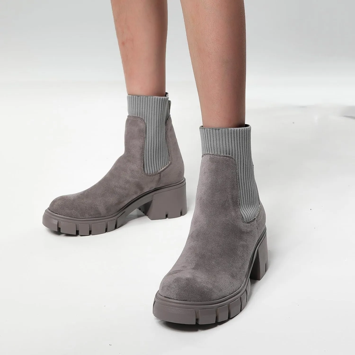 Ankle Boots for Women, Women's Fashion Platform Elastic Chunky Block Heel Chelsea Boots Lug Sole Non-Slip Combat Shoes
