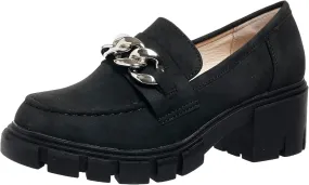 Bandkos Womens Slip On Penny Loafers Platform Chunky Loafer Lug Sole Suede Work Business Casual Dress Uniform Oxfords with Metal Chain
