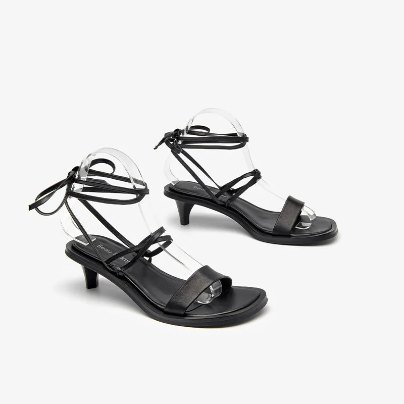 BeauToday Leather Strappy Ankle Wrap Sandals with Kitten Heels for Women