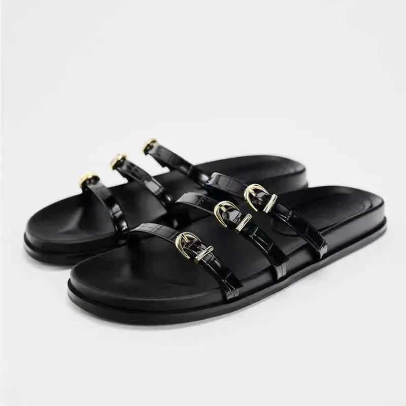 binfenxie  -  2024 Woman’s White Leather Flat Sandal Summer Casual Plus Size Flip Flops Female Beach Casual Slippers Chic Straps Flat Sandals