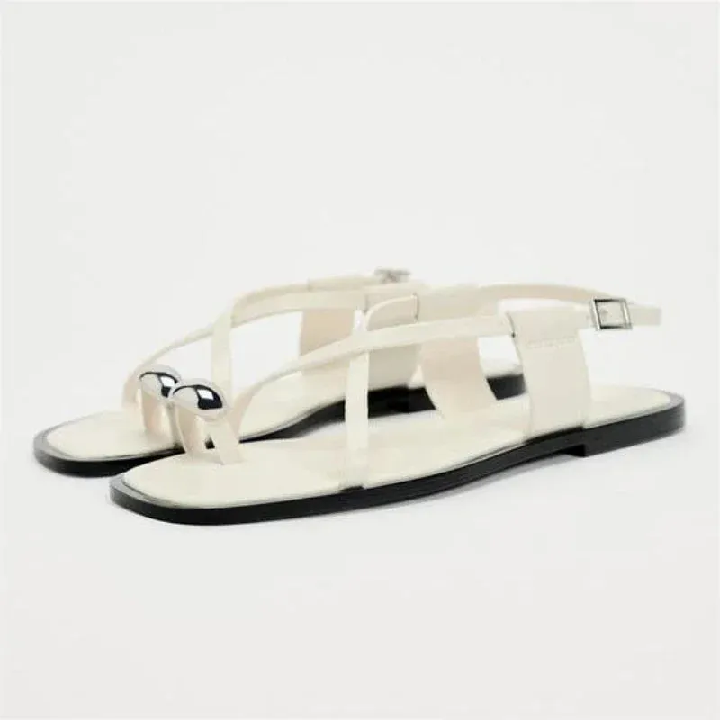 binfenxie  -  2024 Woman’s White Leather Flat Sandal Summer Casual Plus Size Flip Flops Female Beach Casual Slippers Chic Straps Flat Sandals