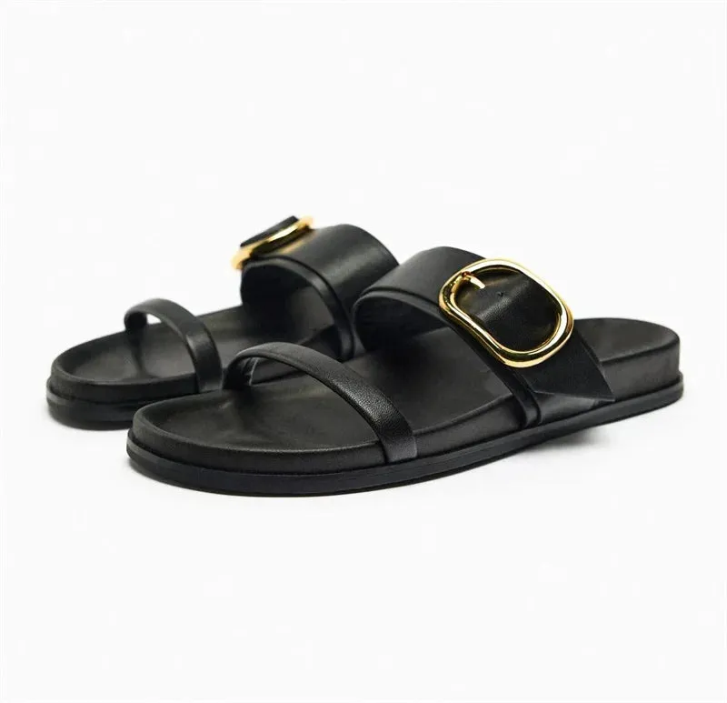 binfenxie  -  2024 Woman’s White Leather Flat Sandal Summer Casual Plus Size Flip Flops Female Beach Casual Slippers Chic Straps Flat Sandals