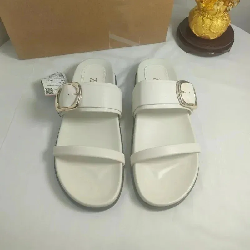 binfenxie  -  2024 Woman’s White Leather Flat Sandal Summer Casual Plus Size Flip Flops Female Beach Casual Slippers Chic Straps Flat Sandals