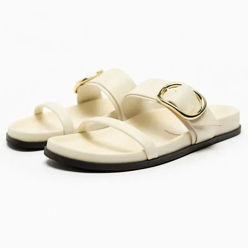 binfenxie  -  2024 Woman’s White Leather Flat Sandal Summer Casual Plus Size Flip Flops Female Beach Casual Slippers Chic Straps Flat Sandals