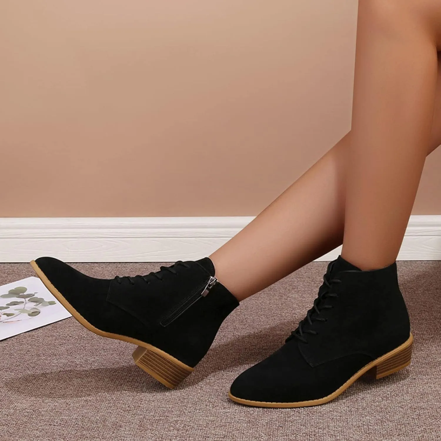 Boots for Women Flat Pointed Toe Women's Lace Up Chelsea Ankle Boots Suede Zipper Ankle Boots Fall Boots 2024