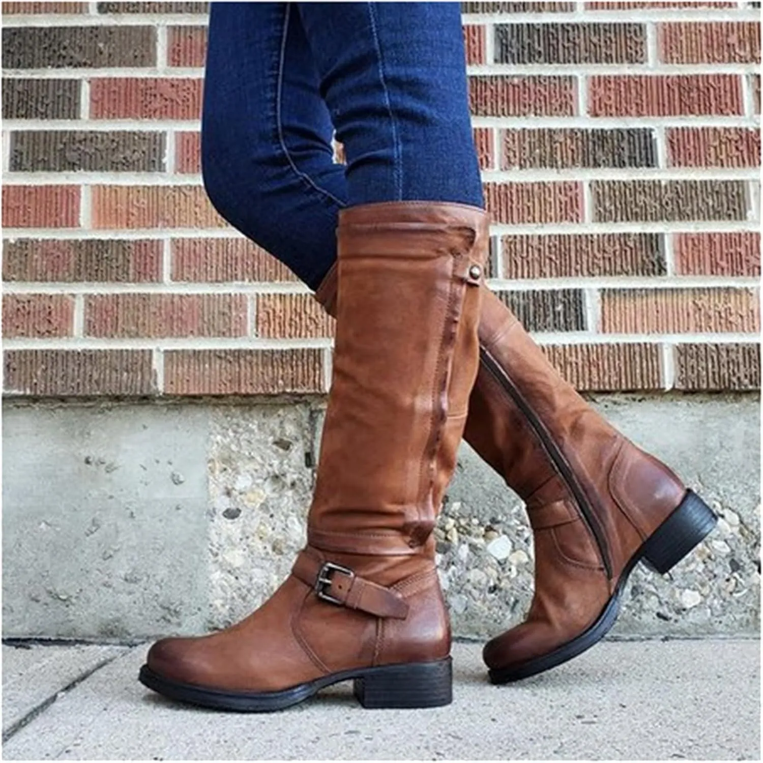 Boots For Women Knee High Wide Calf Leather Mid Calf Dress Boots Winter Fashion Western Biker Motorcycle Riding Boots