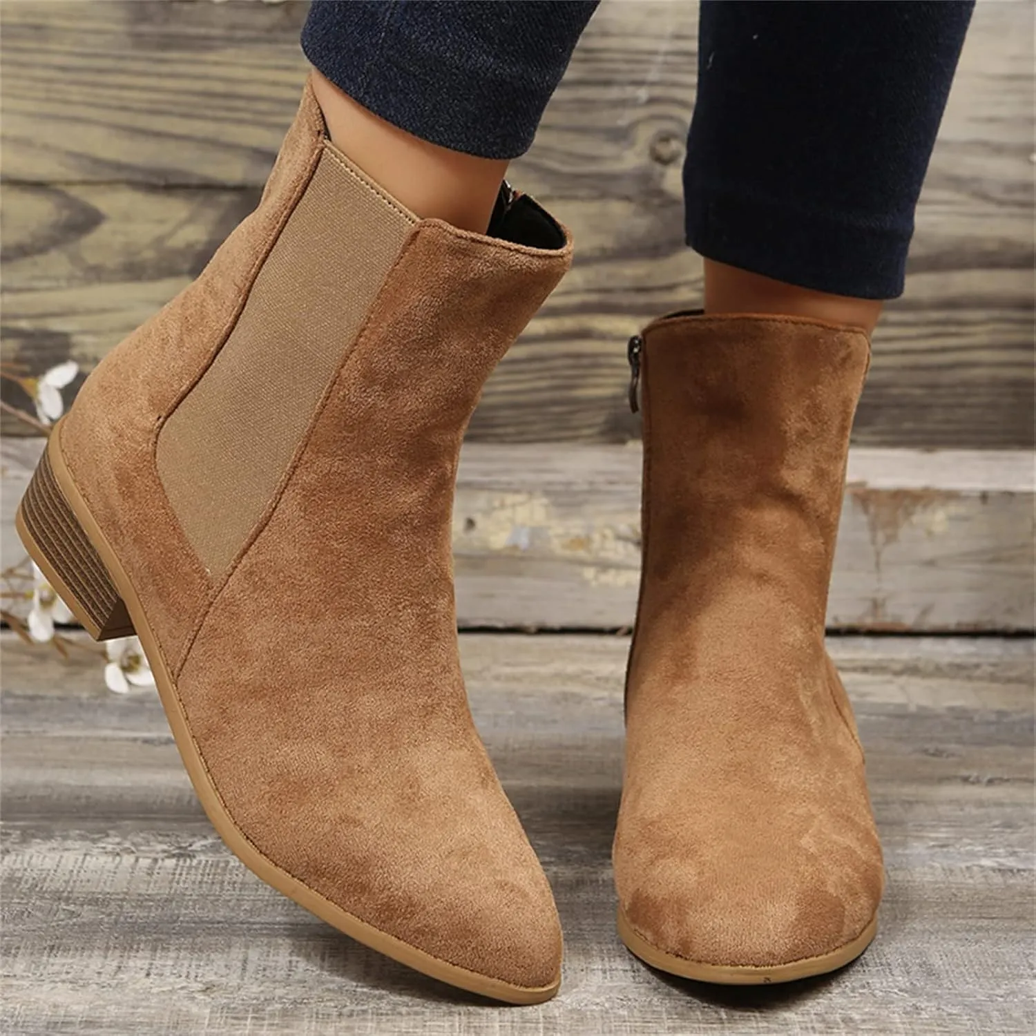 Boots for Women Retro Elastic Chelsea Ankle Boots Fashion Low Chunky Block Heel Pointed Toe Fall Booties