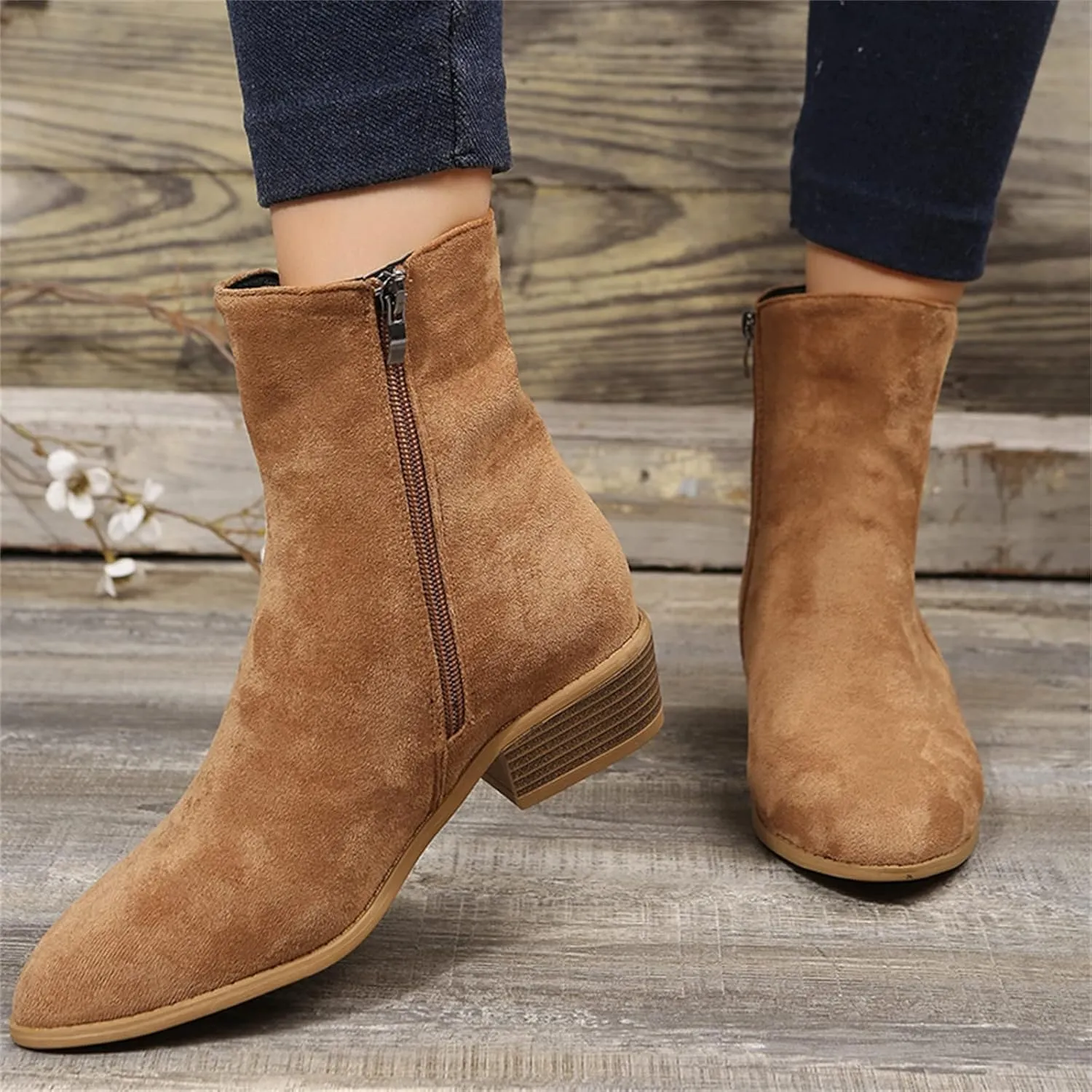 Boots for Women Retro Elastic Chelsea Ankle Boots Fashion Low Chunky Block Heel Pointed Toe Fall Booties