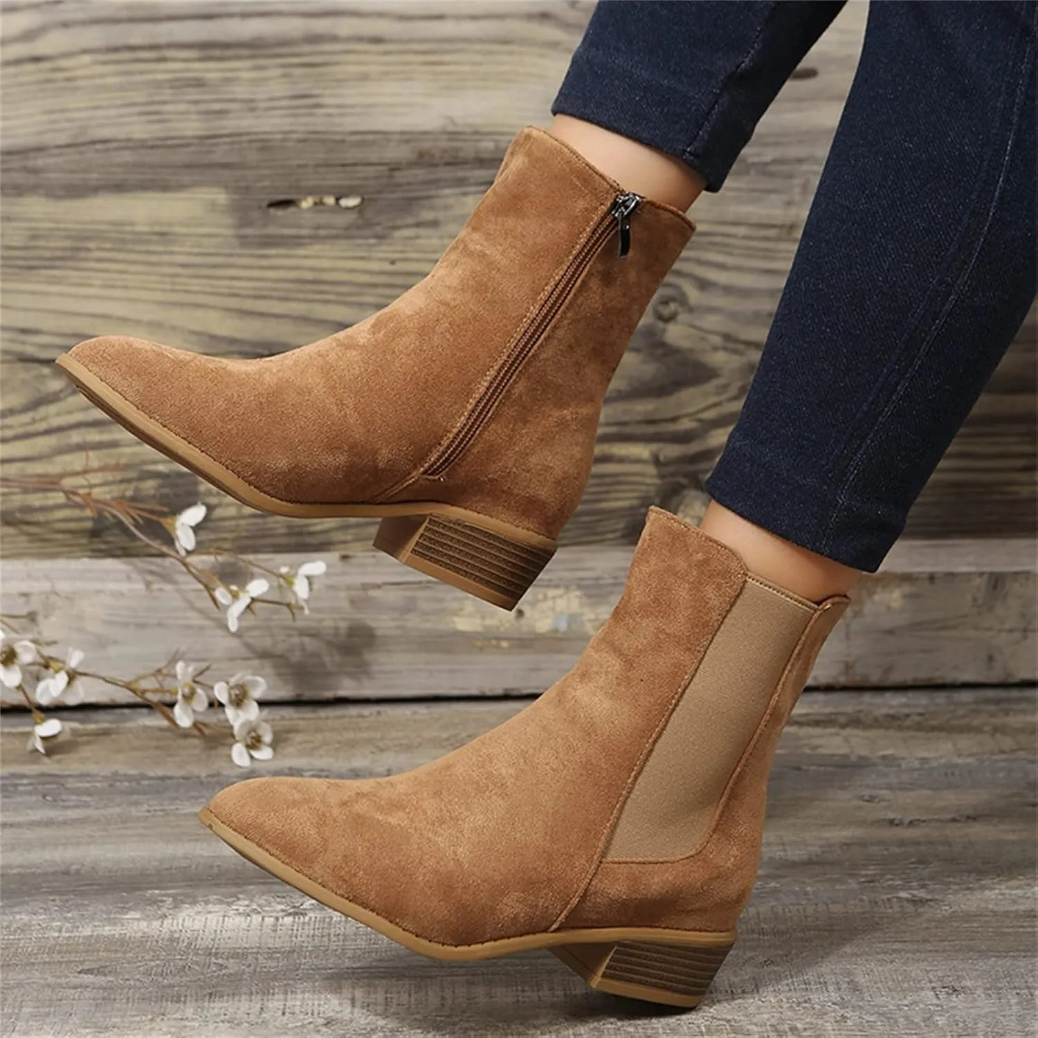 Boots for Women Retro Elastic Chelsea Ankle Boots Fashion Low Chunky Block Heel Pointed Toe Fall Booties
