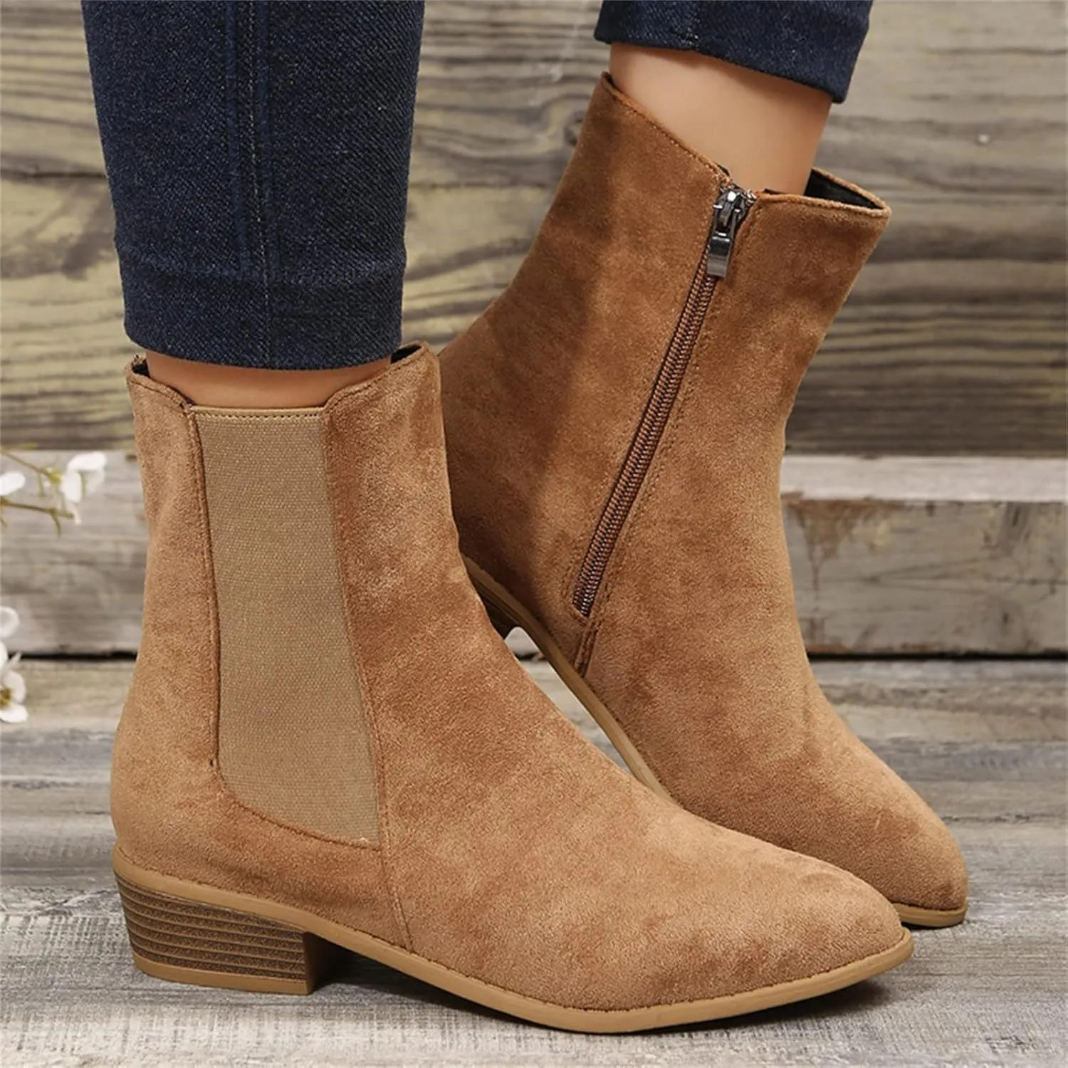 Boots for Women Retro Elastic Chelsea Ankle Boots Fashion Low Chunky Block Heel Pointed Toe Fall Booties