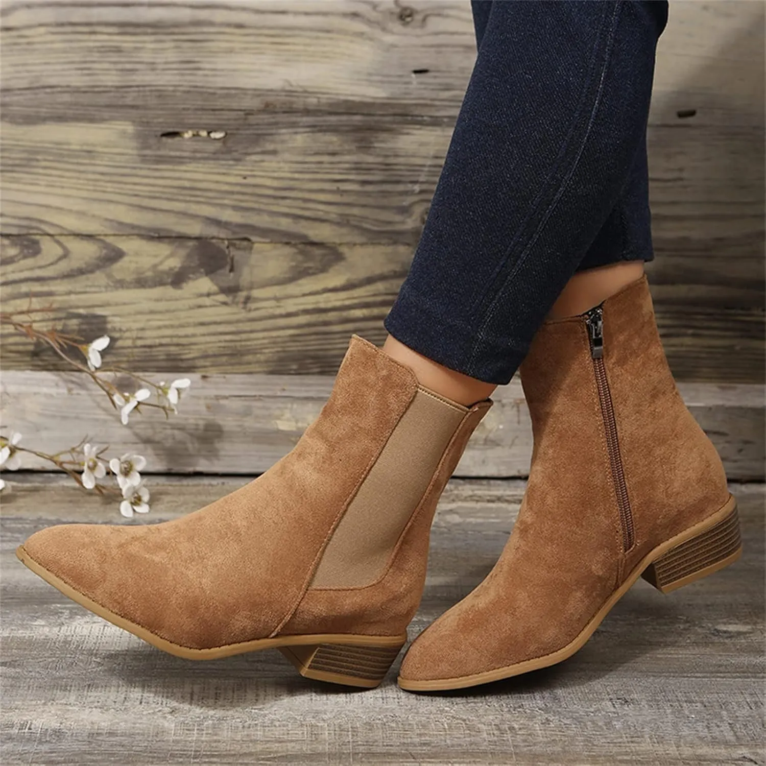 Boots for Women Retro Elastic Chelsea Ankle Boots Fashion Low Chunky Block Heel Pointed Toe Fall Booties