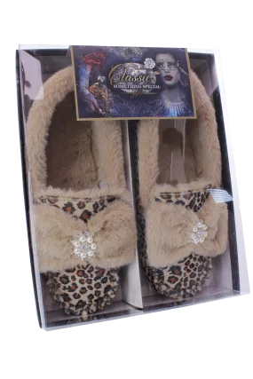 Brandwell Luxury Ladies Plush Moccasin Slippers Leopard Print 6-7