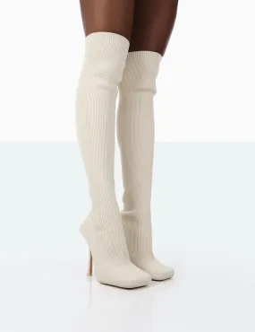 Bubbles White Wide Fit Knitted Over The Knee Boots