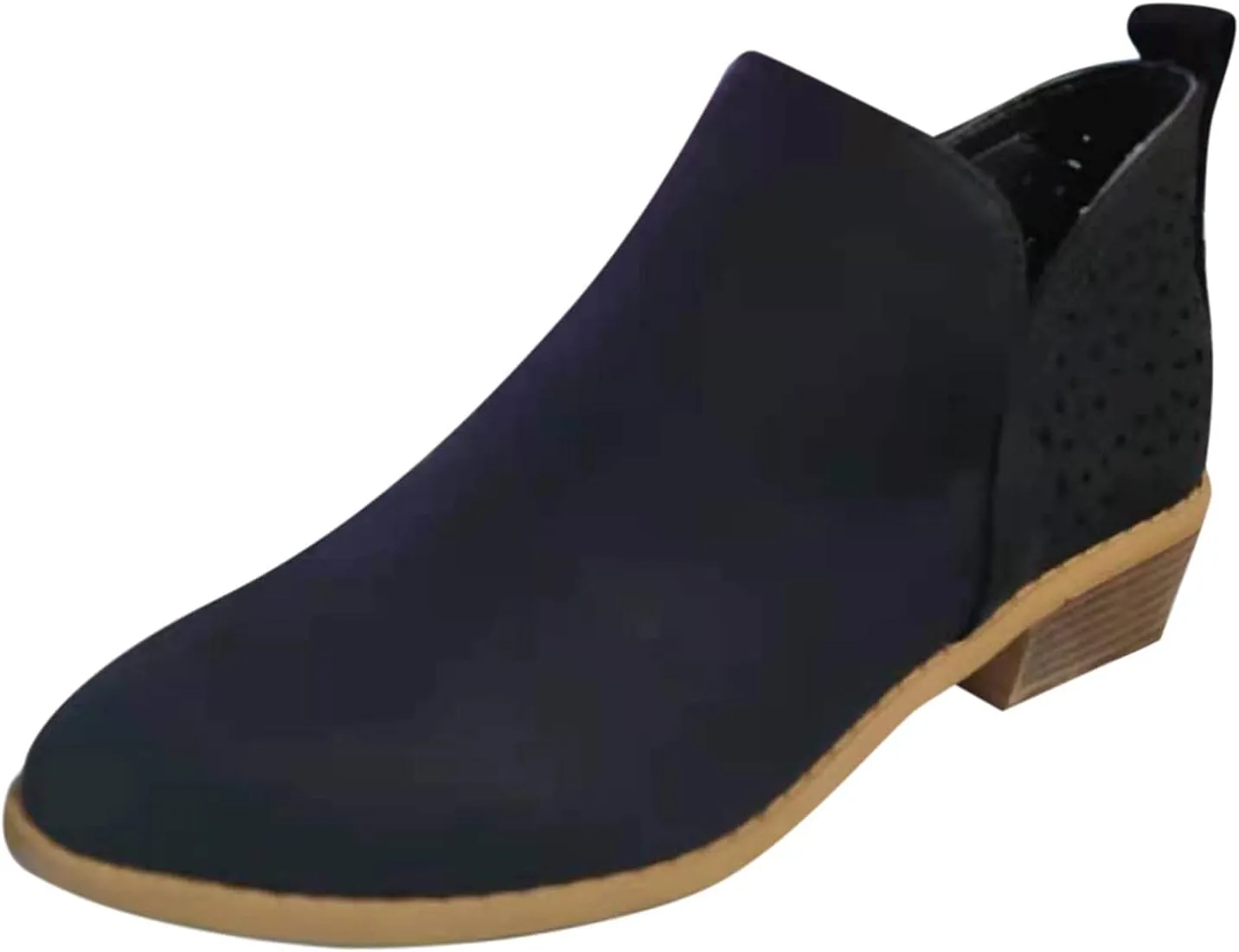 Cathalem Booties for Women, Casual Cut Out Slip On Low Heel Short Chunky Stacked Heel Perforated Side V Cut Western Booties