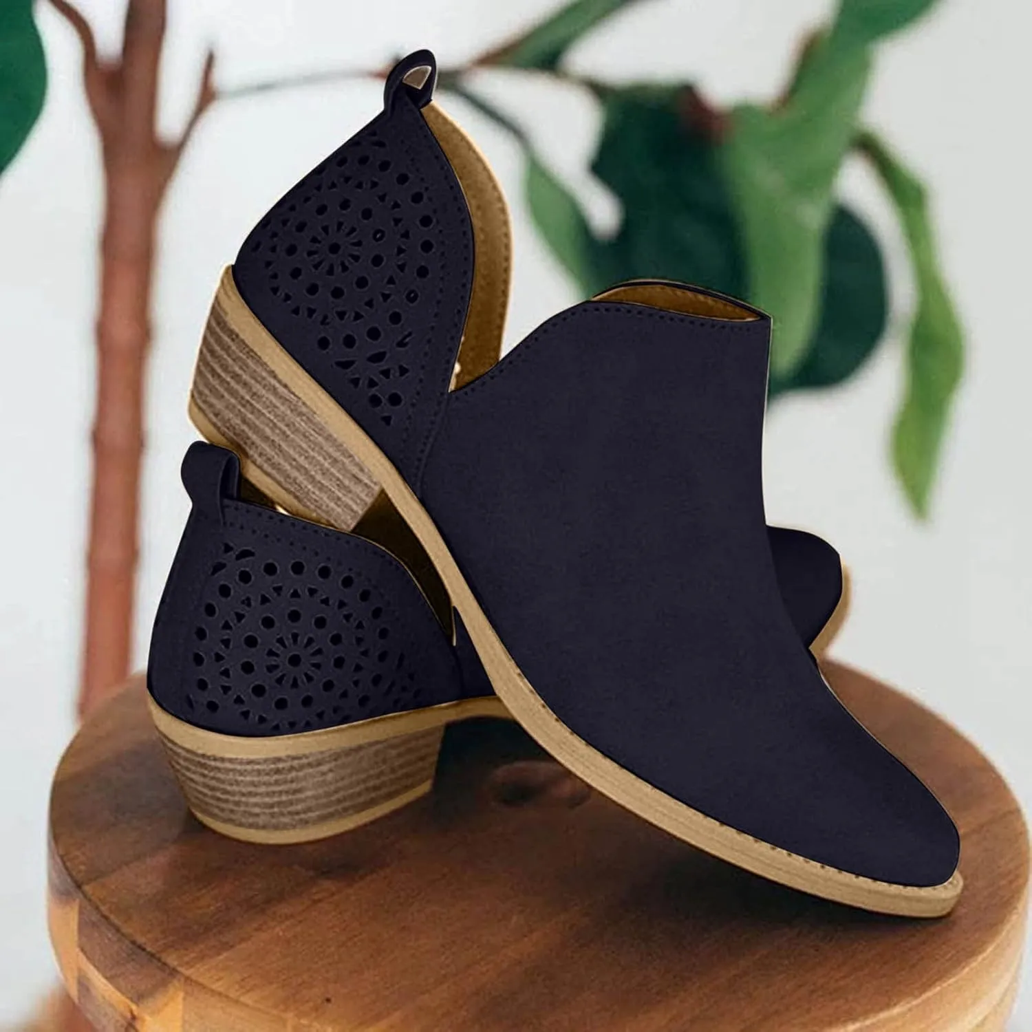 Cathalem Booties for Women, Casual Cut Out Slip On Low Heel Short Chunky Stacked Heel Perforated Side V Cut Western Booties
