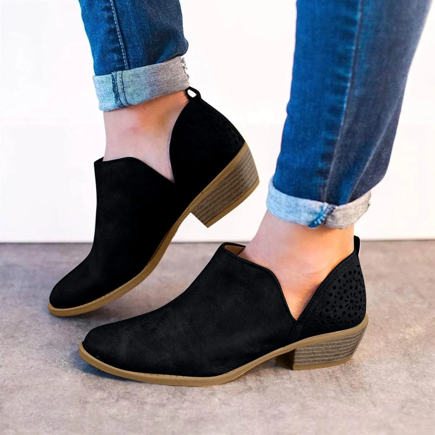 Cathalem Booties for Women, Casual Cut Out Slip On Low Heel Short Chunky Stacked Heel Perforated Side V Cut Western Booties