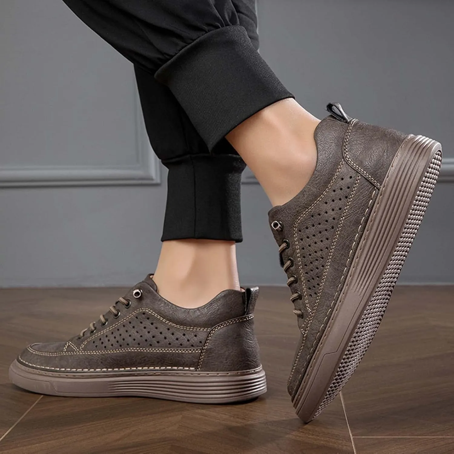 CERYTHRINA Men's Invisible Height Increasing Elevator Shoes 2.5 Inches Taller Height Casual Sneakers Comforts Leather Skeleton Shoes