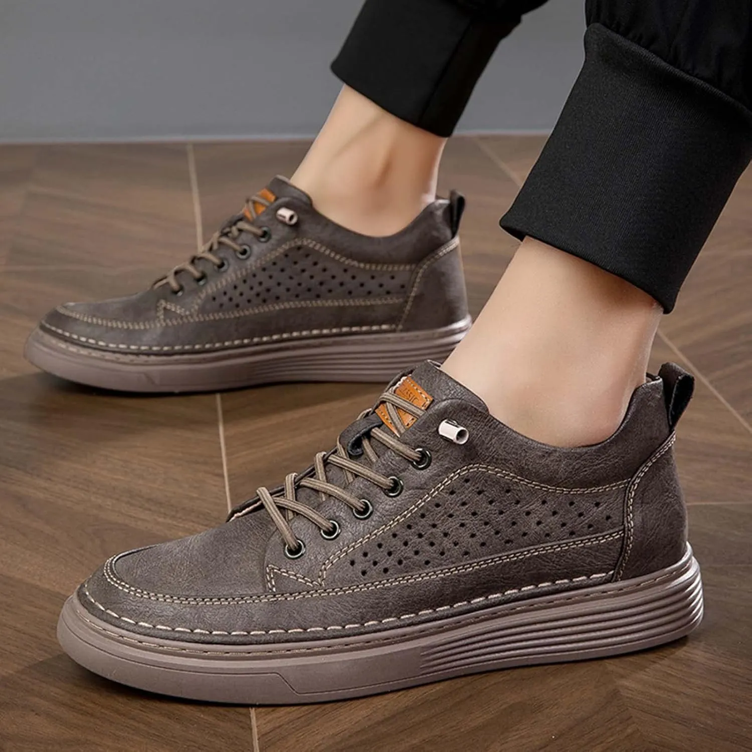 CERYTHRINA Men's Invisible Height Increasing Elevator Shoes 2.5 Inches Taller Height Casual Sneakers Comforts Leather Skeleton Shoes
