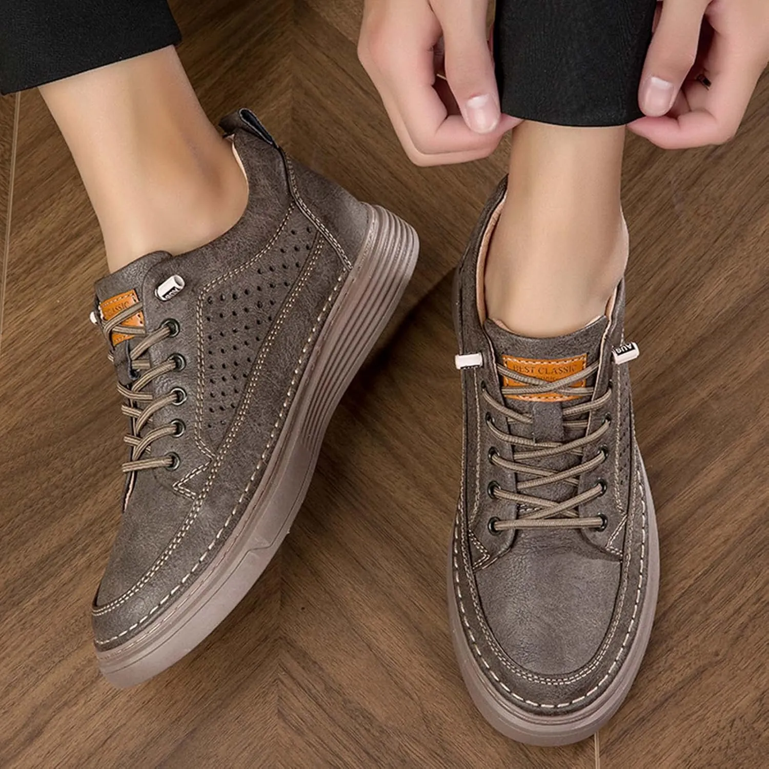 CERYTHRINA Men's Invisible Height Increasing Elevator Shoes 2.5 Inches Taller Height Casual Sneakers Comforts Leather Skeleton Shoes