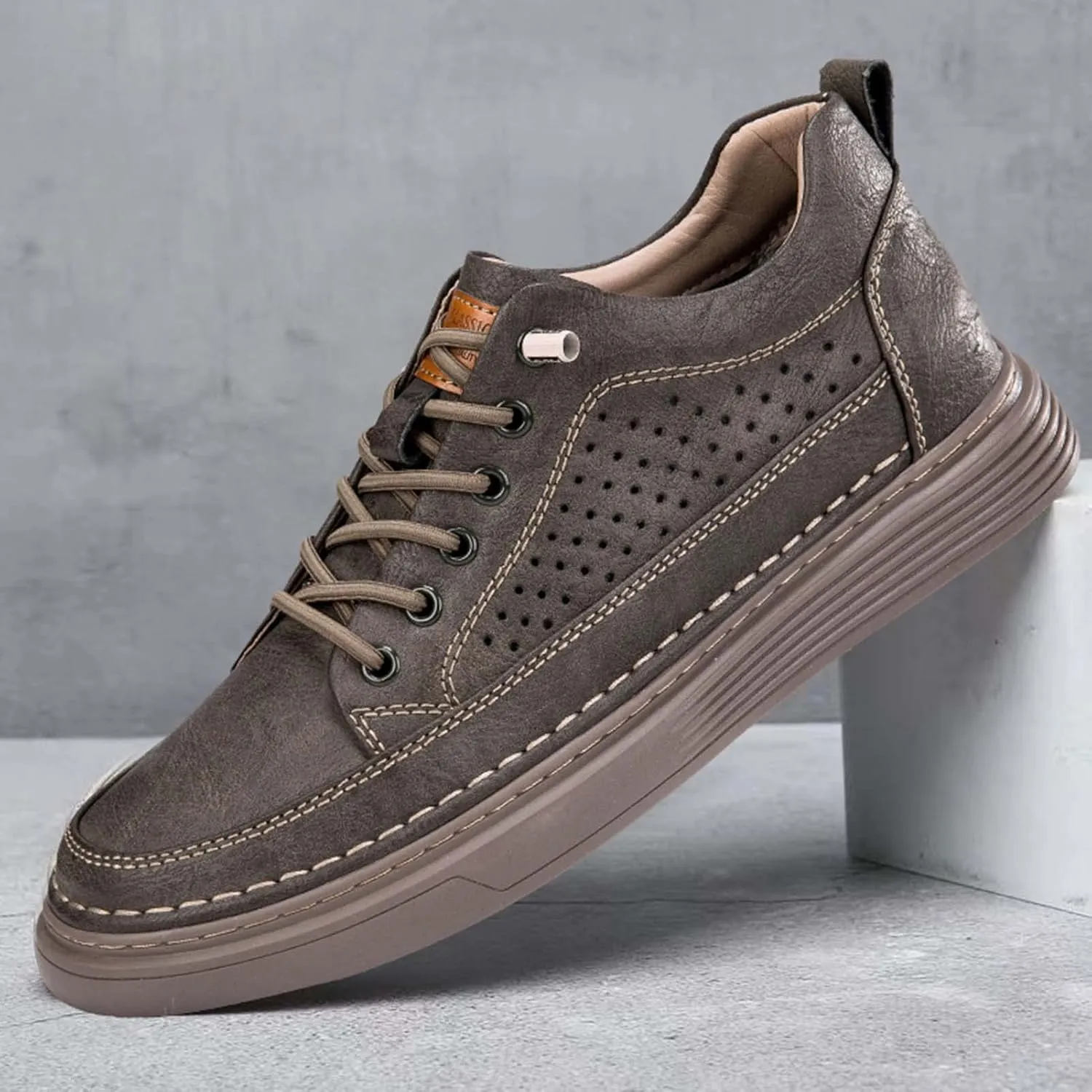 CERYTHRINA Men's Invisible Height Increasing Elevator Shoes 2.5 Inches Taller Height Casual Sneakers Comforts Leather Skeleton Shoes