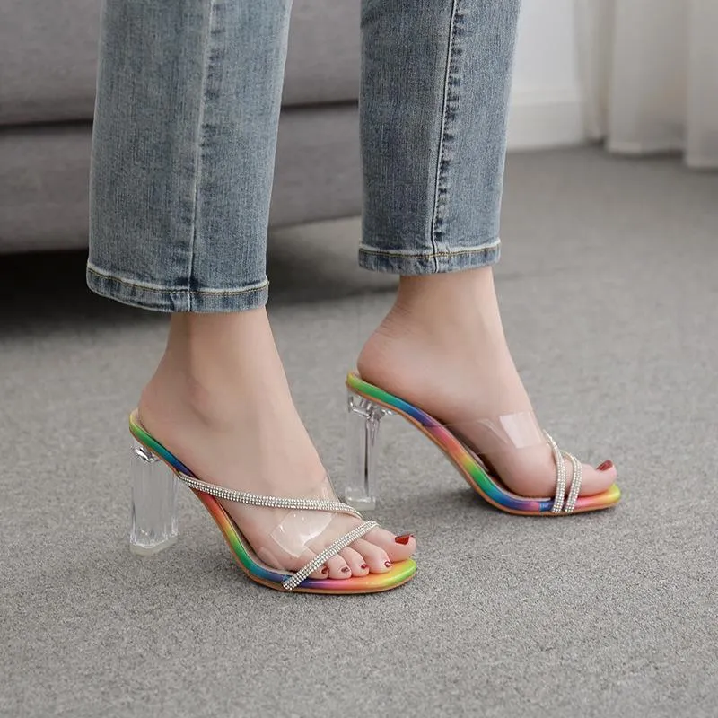Chicvane Clear Rhinestone Criss Cross Stilettos Slides Sandals