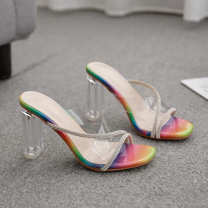 Chicvane Clear Rhinestone Criss Cross Stilettos Slides Sandals