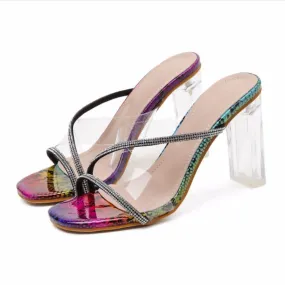 Chicvane Clear Rhinestone Criss Cross Stilettos Slides Sandals