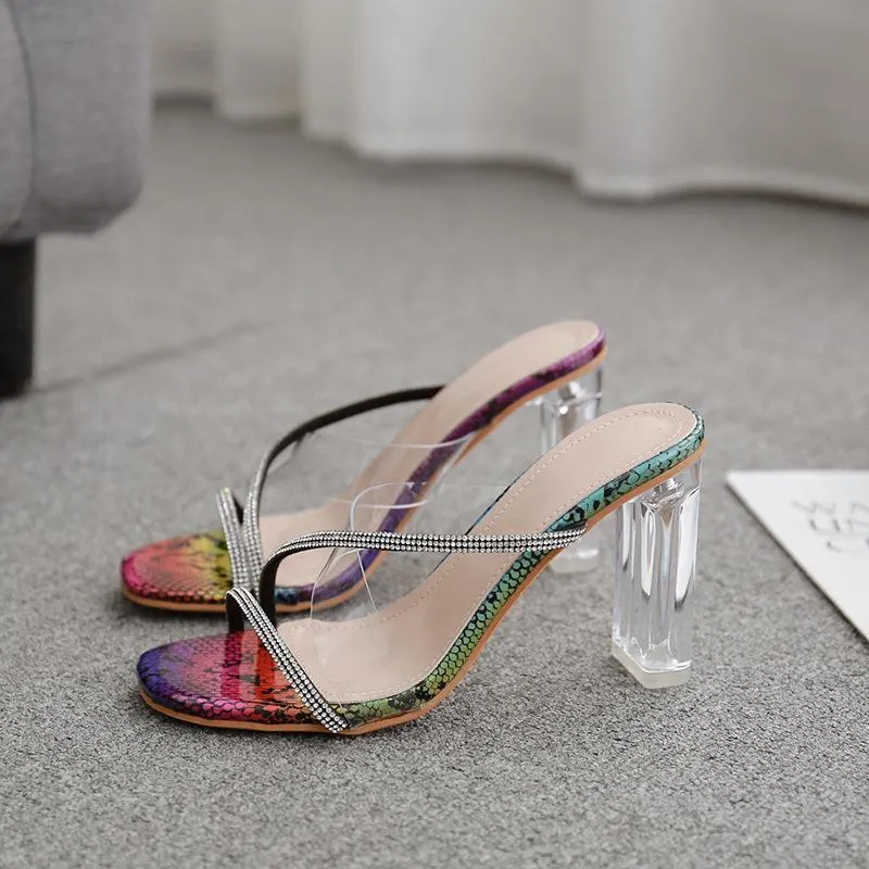 Chicvane Clear Rhinestone Criss Cross Stilettos Slides Sandals