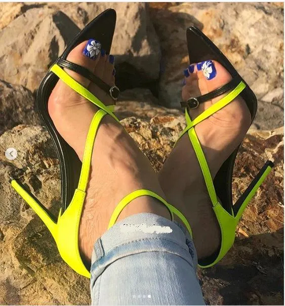 Chicvane Fluorescent Green Pointed Toe Stilettos Buckle Closure Sandals