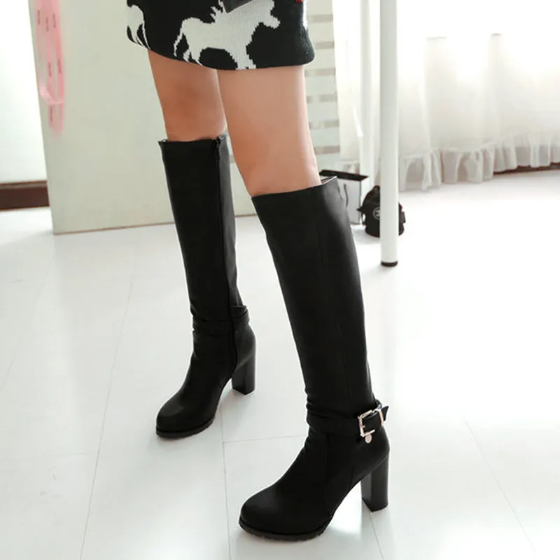 Chunky high heels knee high boots with buckle strap
