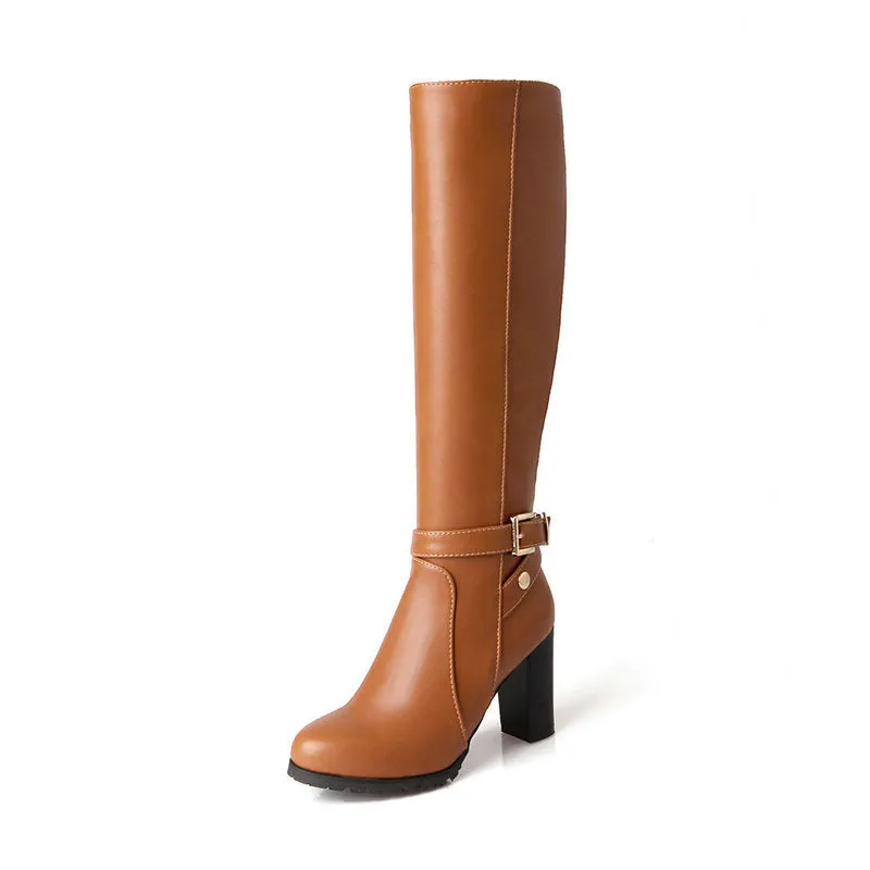 Chunky high heels knee high boots with buckle strap