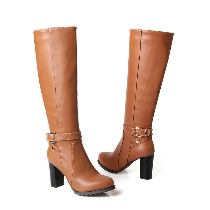 Chunky high heels knee high boots with buckle strap