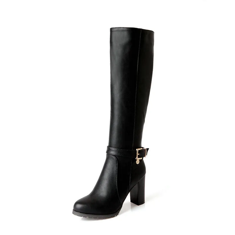 Chunky high heels knee high boots with buckle strap