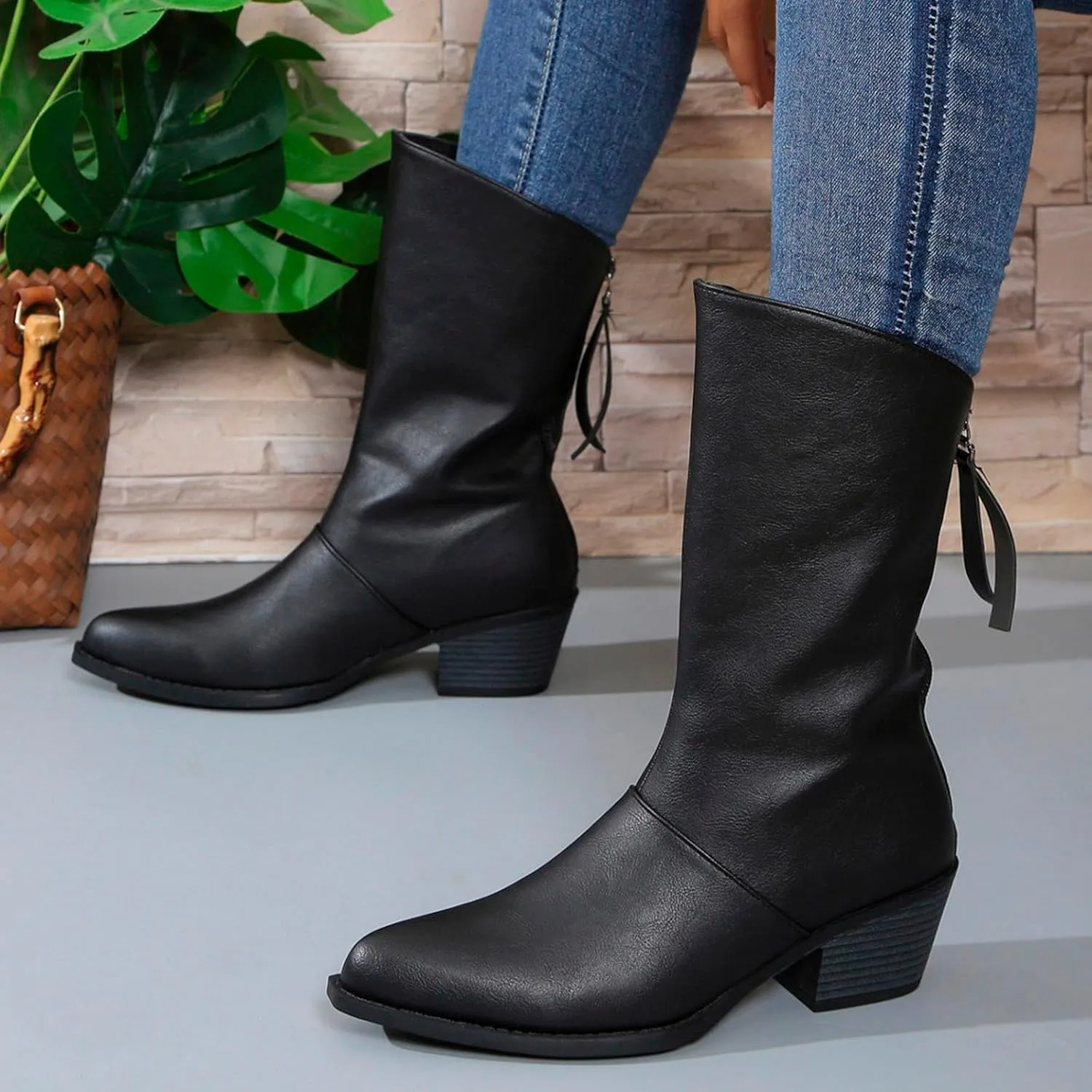 Combat Boots Womens Mid Calf Boots for Women Fashion Pointed Toe Chunky Heels Comfort Low Block Heels Boots