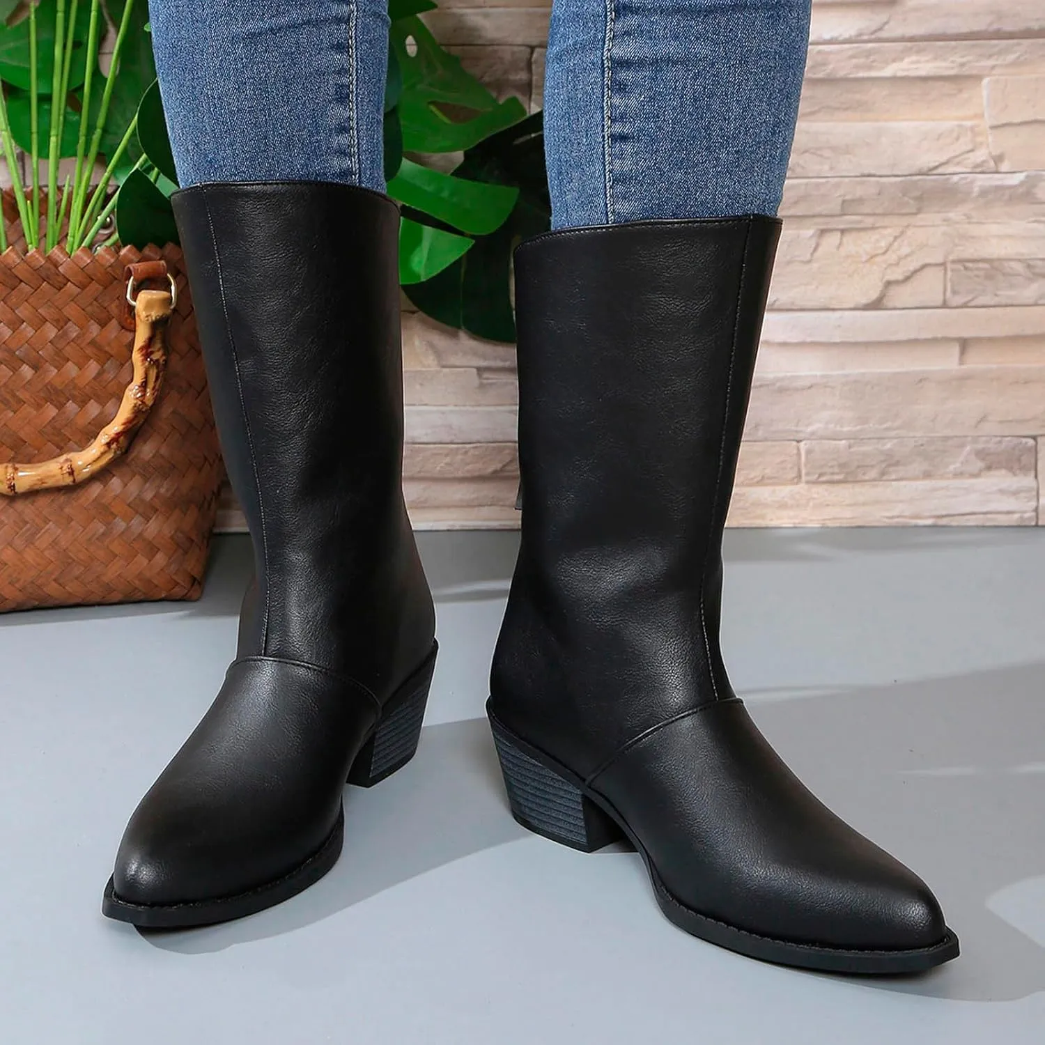 Combat Boots Womens Mid Calf Boots for Women Fashion Pointed Toe Chunky Heels Comfort Low Block Heels Boots