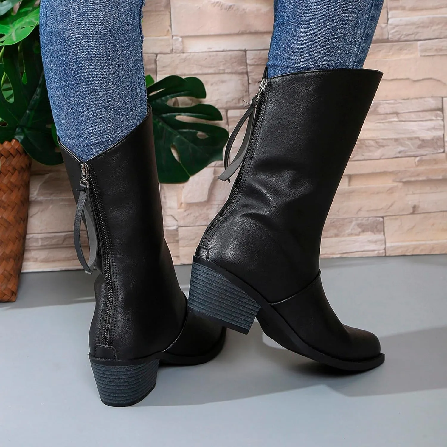 Combat Boots Womens Mid Calf Boots for Women Fashion Pointed Toe Chunky Heels Comfort Low Block Heels Boots