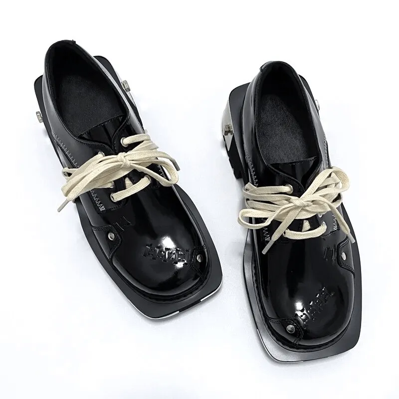 Cool Men's Thick-soled Genuine Leather Shoes / Metal Punk Style Shoes with White Lace-up