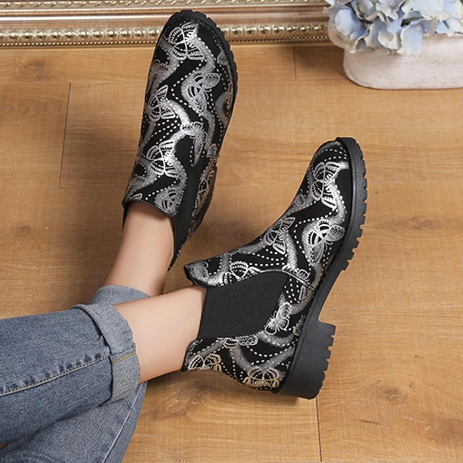 Fall Boots Womens Ankle Boot w/Lug Sole Elastic Chelsea Slip On Chunky Block Heel Round Toe Retro Print Booties