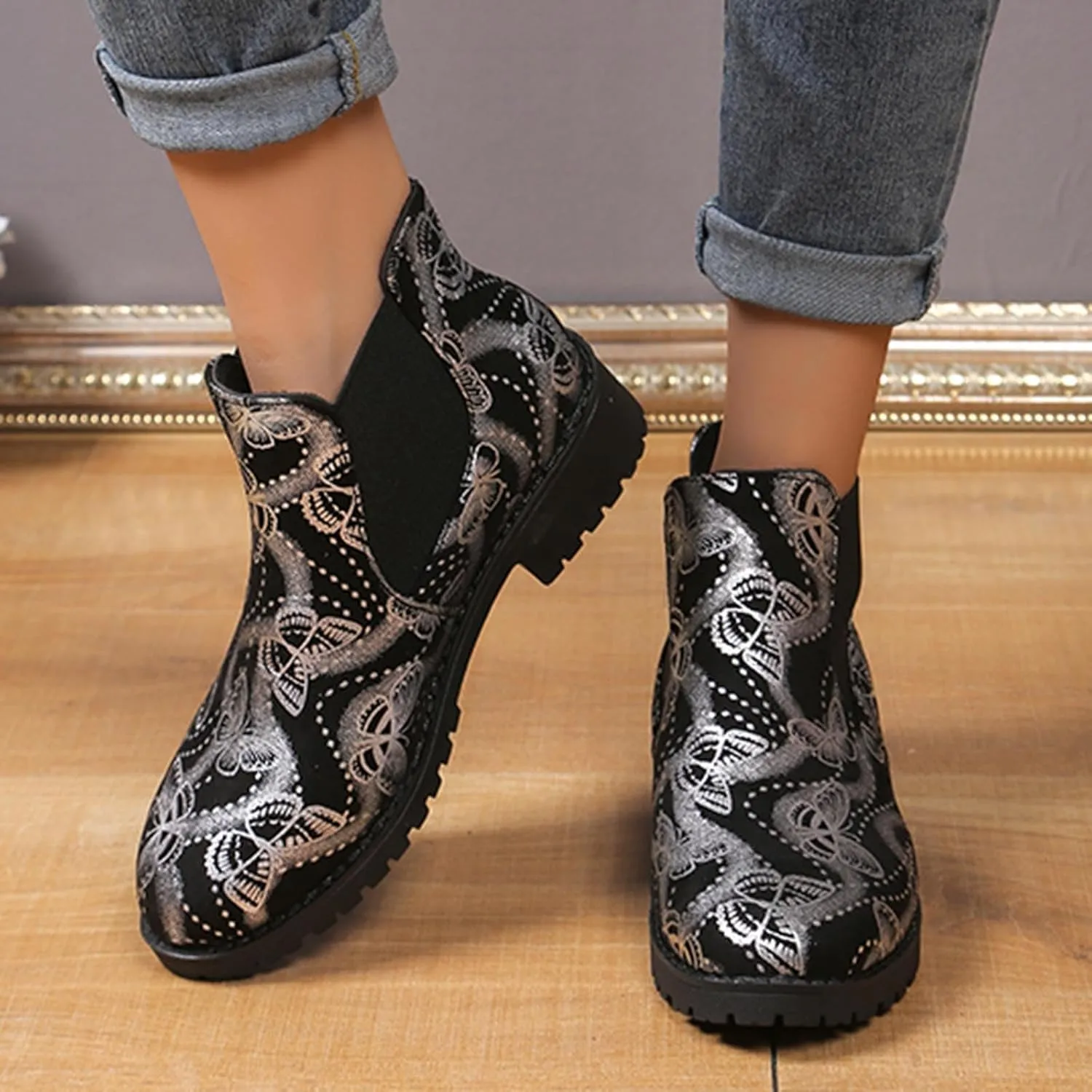Fall Boots Womens Ankle Boot w/Lug Sole Elastic Chelsea Slip On Chunky Block Heel Round Toe Retro Print Booties