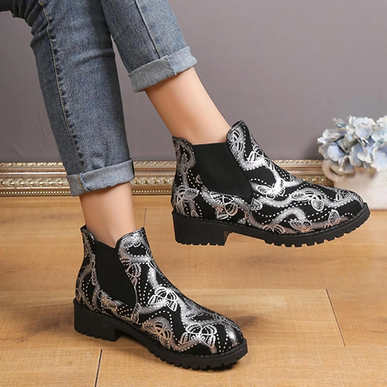 Fall Boots Womens Ankle Boot w/Lug Sole Elastic Chelsea Slip On Chunky Block Heel Round Toe Retro Print Booties