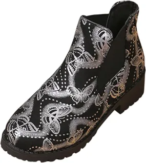 Fall Boots Womens Ankle Boot w/Lug Sole Elastic Chelsea Slip On Chunky Block Heel Round Toe Retro Print Booties