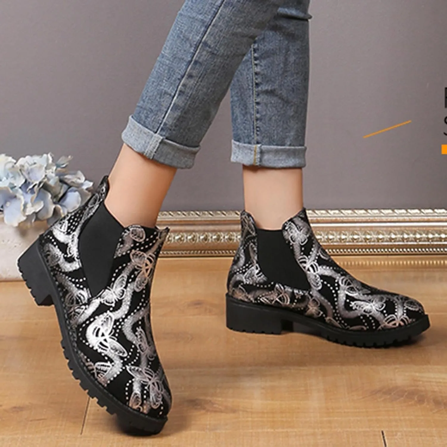 Fall Boots Womens Ankle Boot w/Lug Sole Elastic Chelsea Slip On Chunky Block Heel Round Toe Retro Print Booties