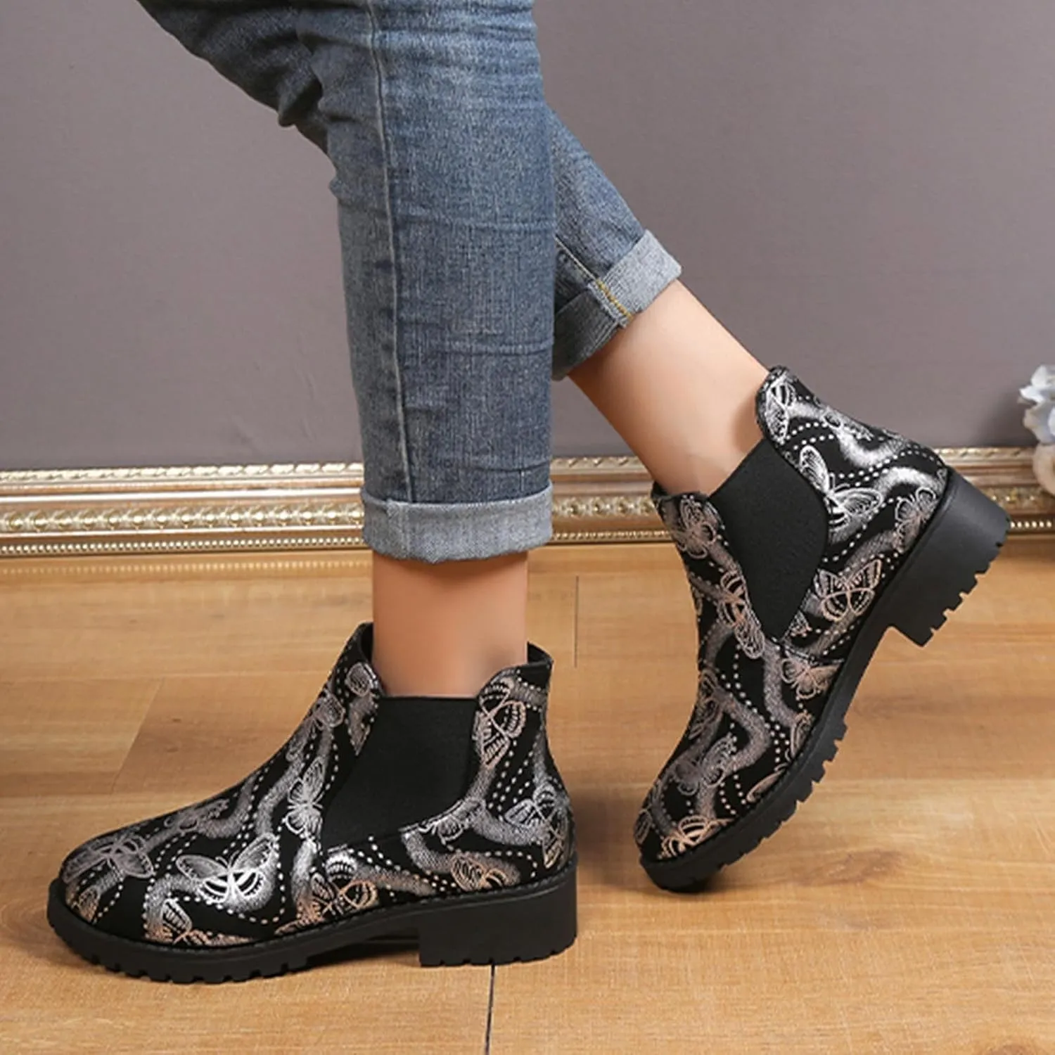 Fall Boots Womens Ankle Boot w/Lug Sole Elastic Chelsea Slip On Chunky Block Heel Round Toe Retro Print Booties
