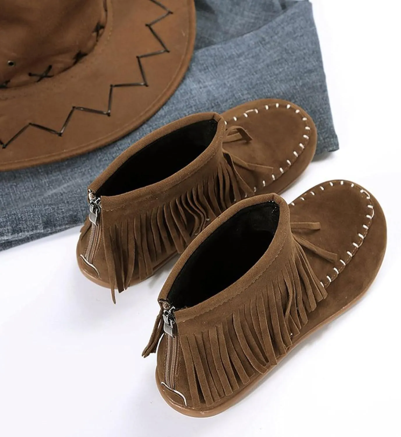 Fall Boots Womens Flat Western Ankle Boots Round Toe Slip On Fringe Ankle Booties with Back Zip Up Fall Spring