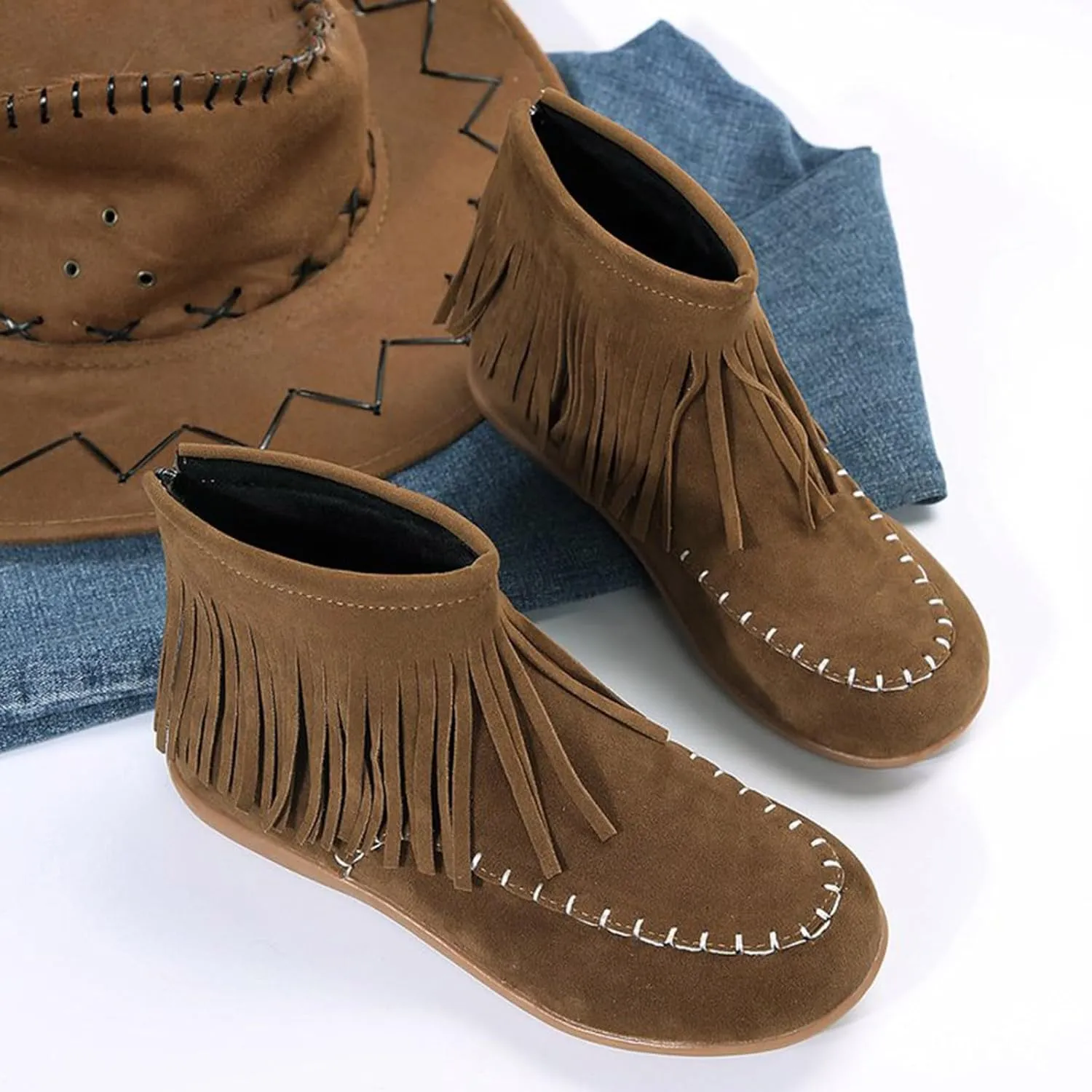 Fall Boots Womens Flat Western Ankle Boots Round Toe Slip On Fringe Ankle Booties with Back Zip Up Fall Spring