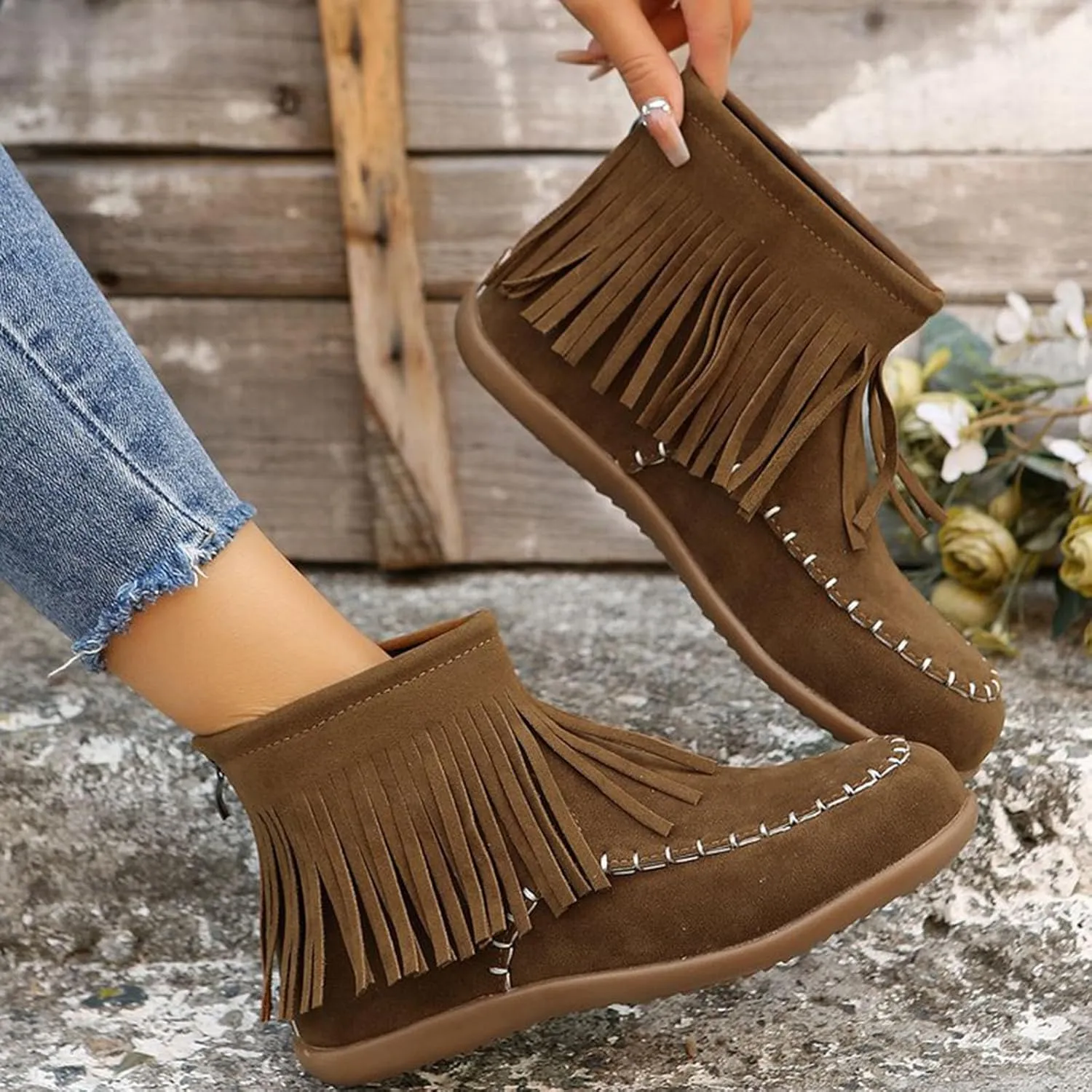 Fall Boots Womens Flat Western Ankle Boots Round Toe Slip On Fringe Ankle Booties with Back Zip Up Fall Spring