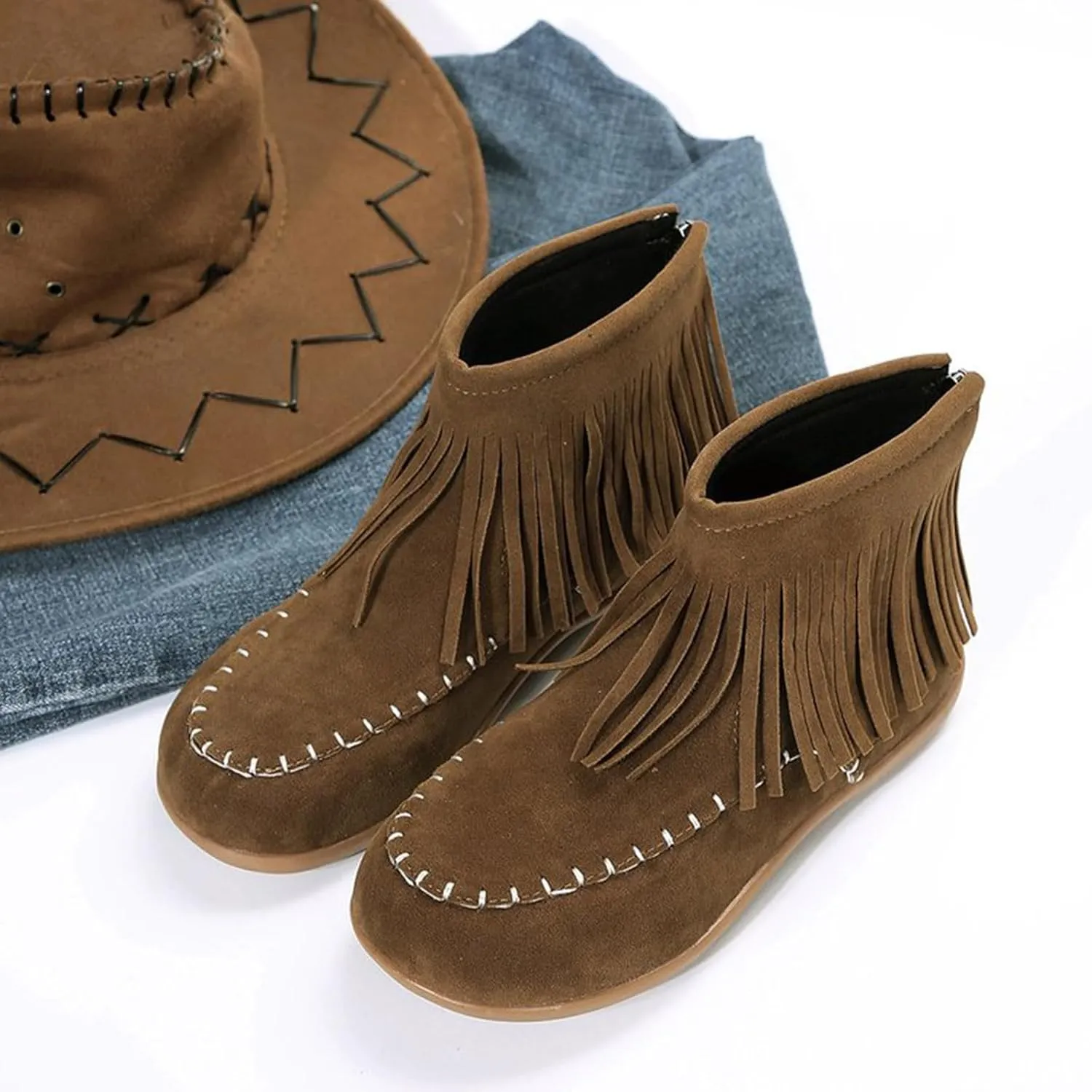 Fall Boots Womens Flat Western Ankle Boots Round Toe Slip On Fringe Ankle Booties with Back Zip Up Fall Spring